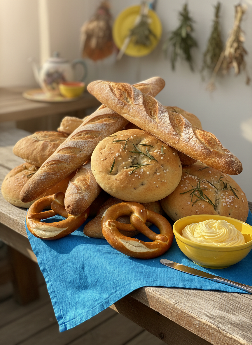 A stack of soft, freshly-baked European breads—crusty baguettes, pillowy focaccia with rosemary sprigs, and round, golden pretzels—arranged chaotically yet artfully atop a cheerful, cerulean blue linen cloth. This lively display is on a rustic wooden bench next to a round, bright yellow bowl filled with whipped butter. Bright, natural afternoon sunlight pours in from the left, casting energetic, soft-edged shadows and accentuating the varied golden hues and fluffy, inviting textures. Captured from eye-level with a slight side angle, placing the breads front and center with a vivid, bokeh background of whimsical kitchen elements. The photographic realism and bright, airy colors mirror the playful charm and hospitality of enjoying European breads at leisure.