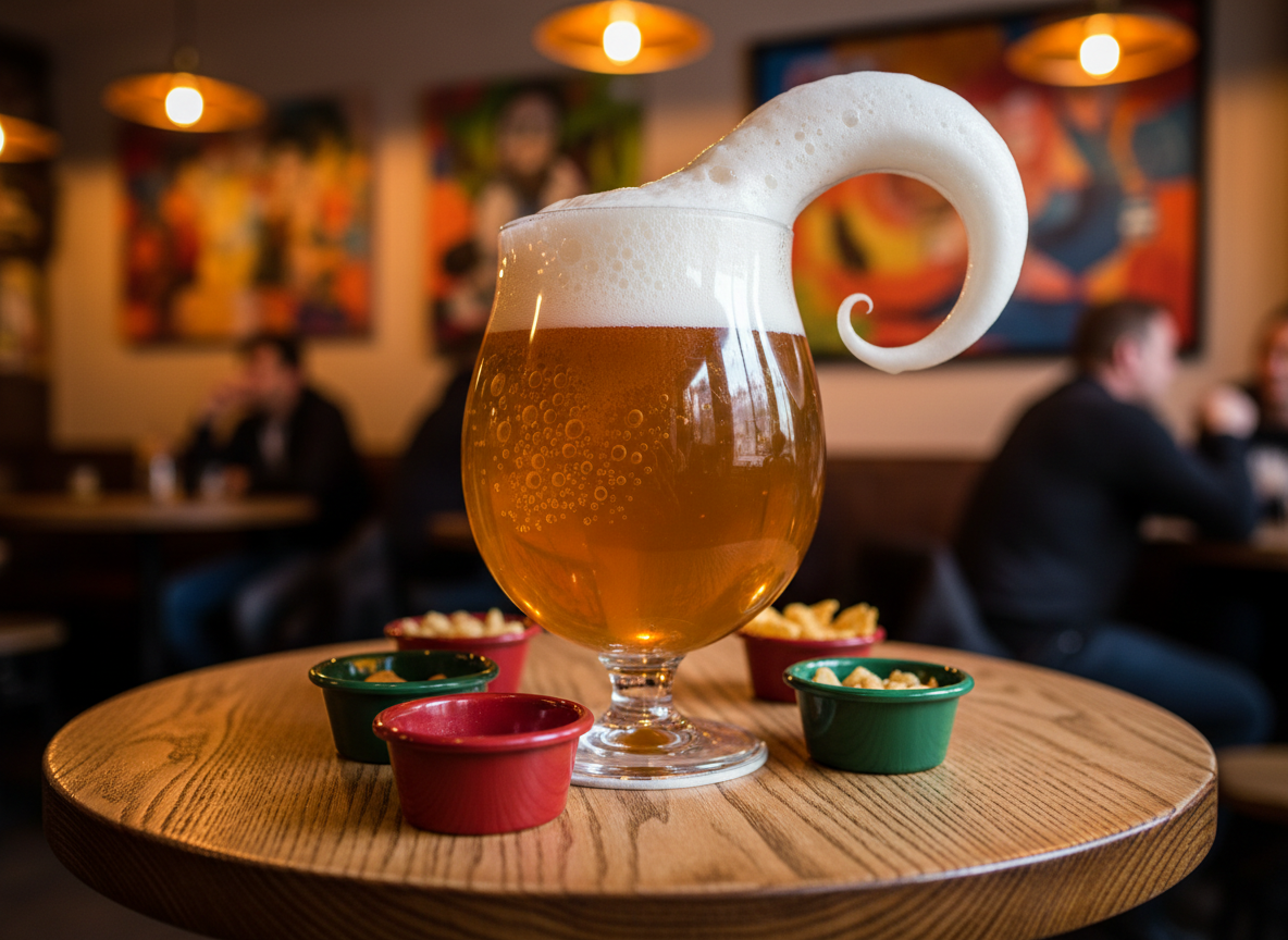 A glossy, oversized tulip-shaped beer glass filled with golden, foamy craft beer, thick bubbles clinging to the glass, and a whimsical swirl of foam arching playfully over the rim. The glass sits at the center of a round wooden pub table with quirky, bright ceramic snack dishes in deep reds and greens scattered nearby. Warm pendant lighting above creates shimmering highlights on the glass and a lively, energetic glow across the wood grain. Shot from a slightly elevated angle with sharp focus on the beer, the background playfully blurs into joyful, rounded forms of colorful decor, giving an upbeat, inviting vibe. The overall style is photographic, vividly colorful, and tailored to convey the playful spirit of modern European pub culture, perfectly capturing the site's celebration of beer and conviviality.
